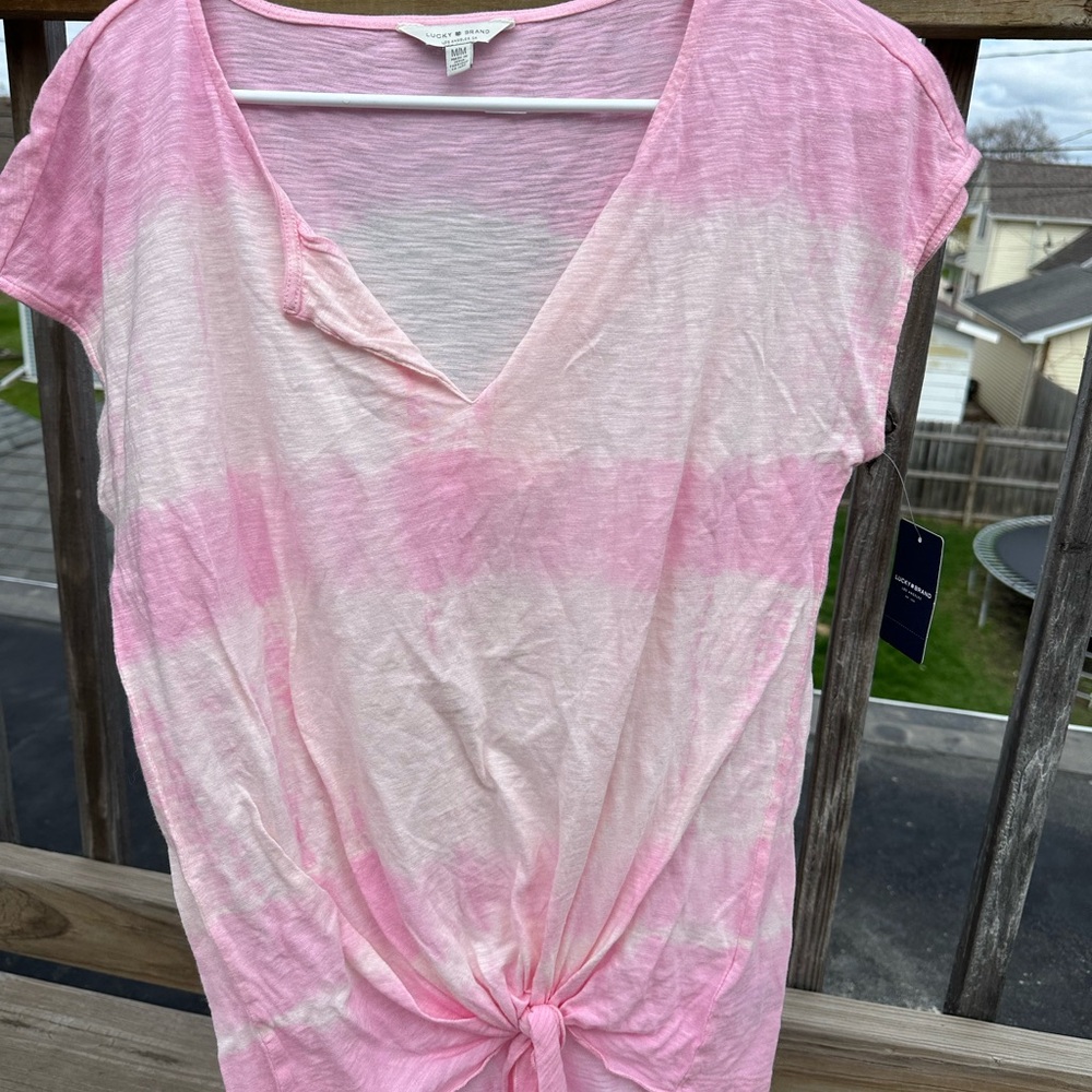 Lucky Brand White and Pink Tie Front Cap Sleeve Tee